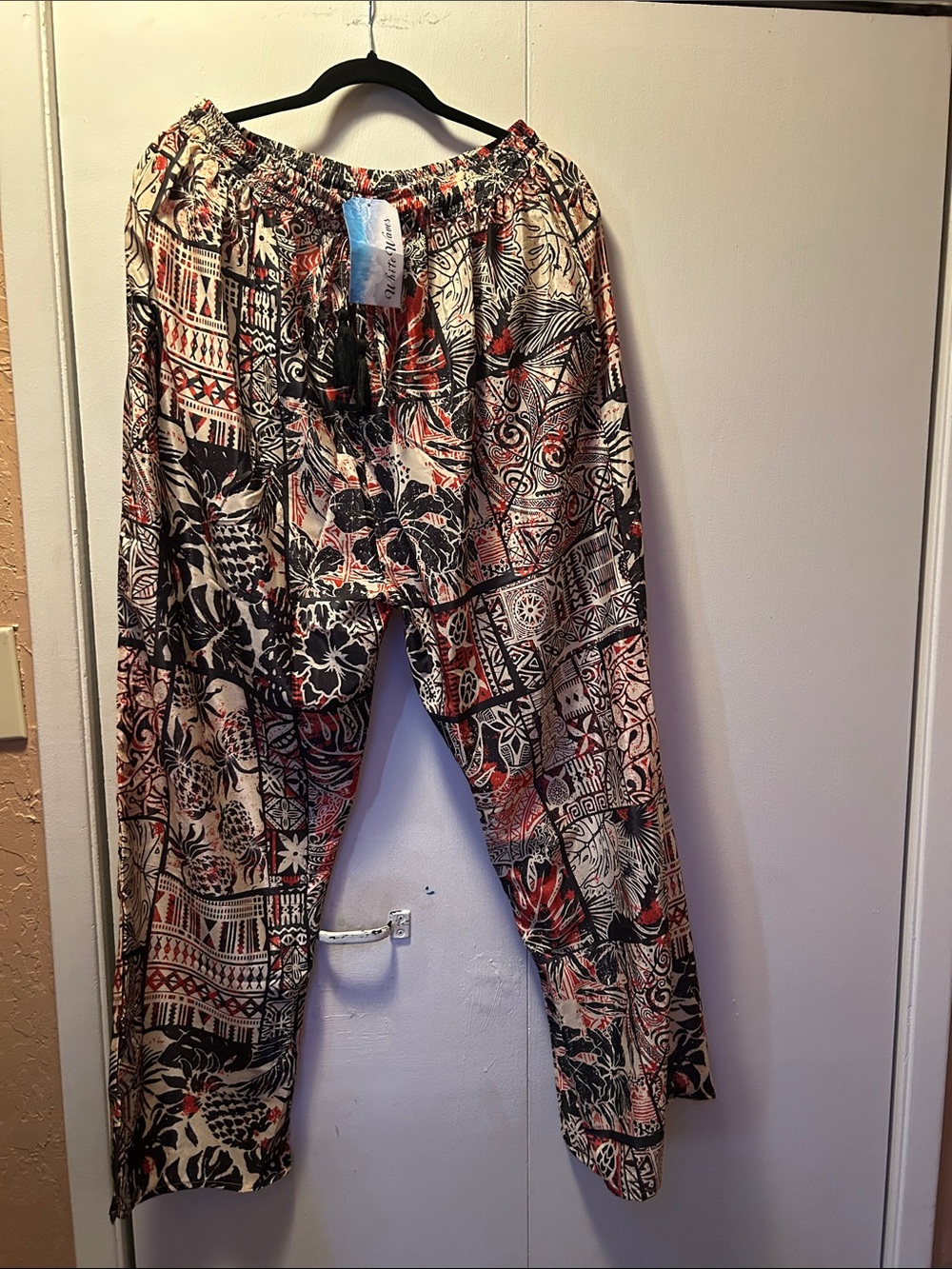 Boho Printed Elastic Waist Pants - Black, Cream & Rust white waves
